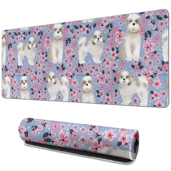 Long Mouse Pads for Desk,Bichon Dog Purple Florals Desk Mats on Top Of Desks, Desk Mouse Pad Extra Large with 3mm Non-Slip Base and Stitched Edge for Gaming,Office,Work,Home 31.5"x11.8"