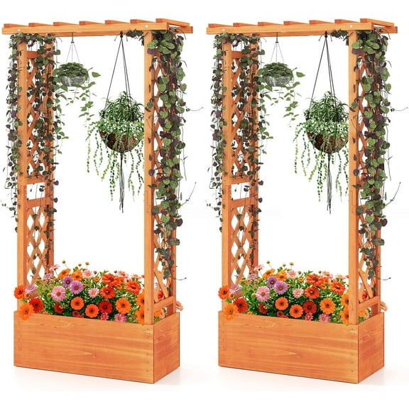 S AFSTAR Raised Garden Bed with Trellis, 2 Pieces Wood Planter Box with Hanging Roof & Drainage Holes for Climbing , Vines, Flowers & Vegetables, Indoor Outdoor Container for Patio & Yard