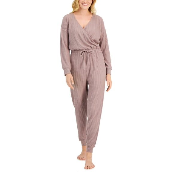 Alfani Women's Long Sleeve Tie Waist Sleep Jumpsuit, Large Purple