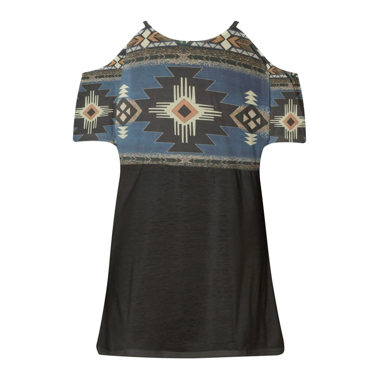 UPPADA Vintage Cold Shoulder Top For Womens Retro Aztec Geometric