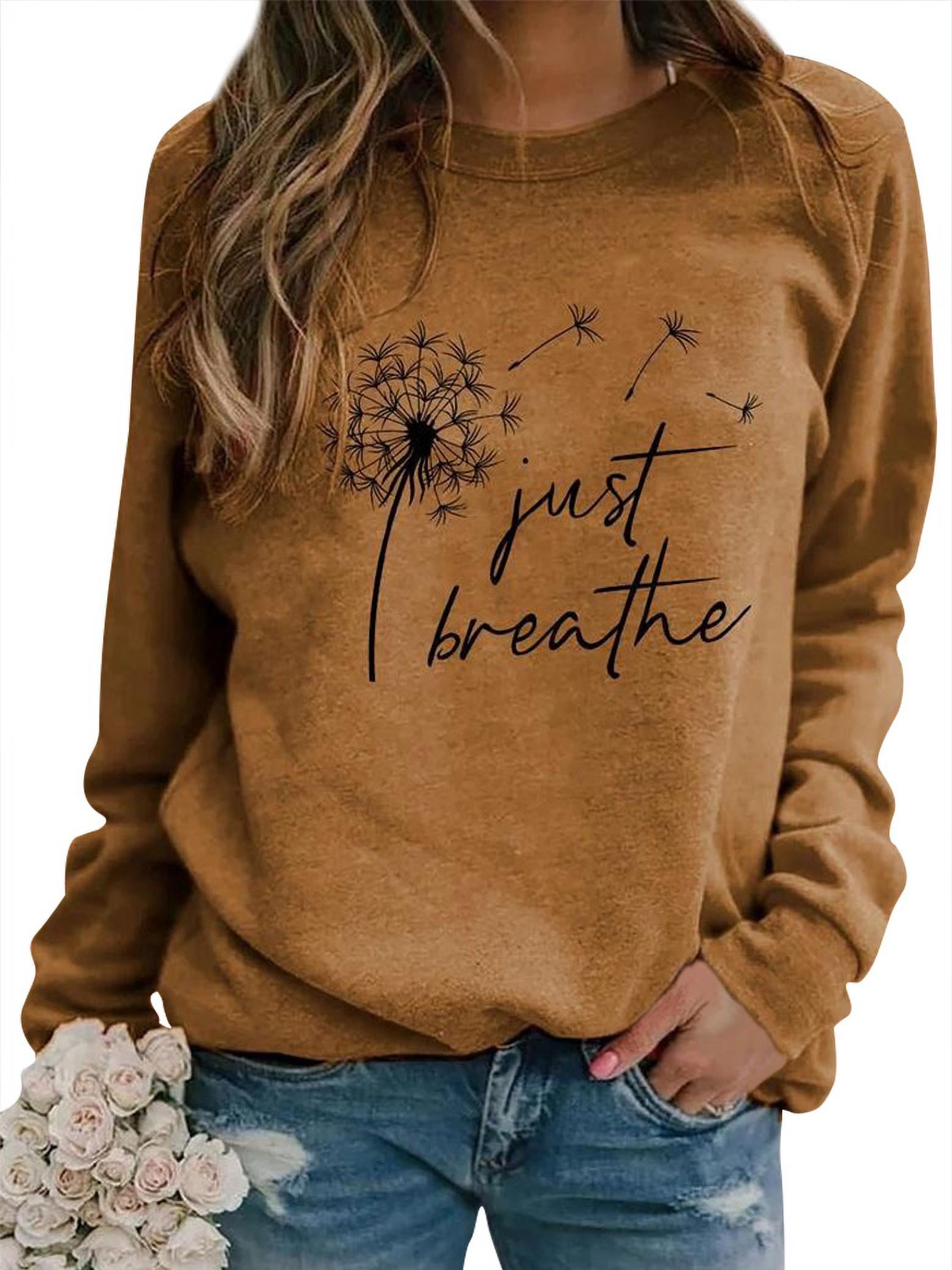 TWZH Women Just Breathe Dandelion Print Crew Neck Long Sleeves