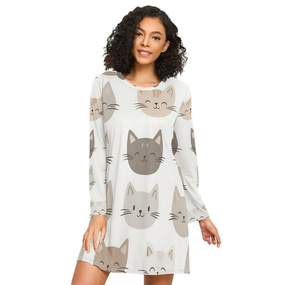 FORMRS Womens Long Sleeve Nightgowns Crew Neck Sleep Shirt Soft Pajamas Sizes S-3XL, Light Gray Cat Pattern
