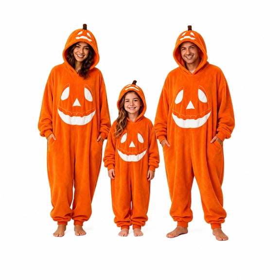Onlypjs Family Halloween Pajamas Matching Sets, Cozy Hooded Pumpkin Onesies Suit, Soft Fleece Sleepwear Loungewear Jumpsuits for Couples, Women and Men