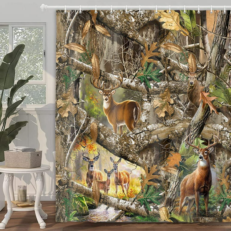 Sonernt Rustic Camo Deer Shower Curtain Wildlife Woodland Country Lodge Cabin With 12 Hooks 72x72 Inch Com