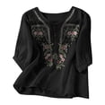 thumbnail image 2 of Linen 3/4 Sleeve Button Shirts Summer Boho Peasant Casual Gauze Clothes Embroidered Tops for Women Black L, 2 of 6