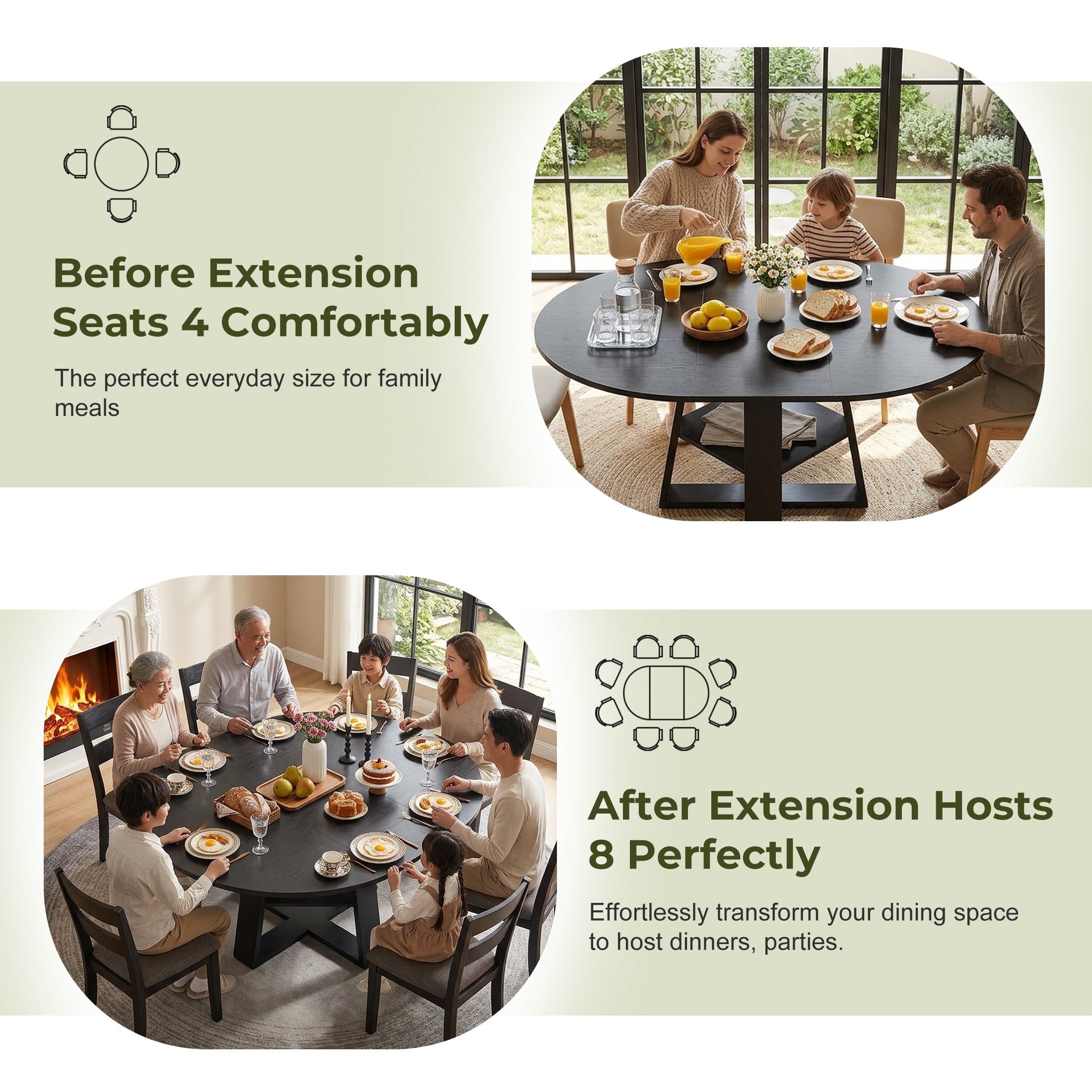 EDX 43.3″–59″ Extendable Round Dining Table for 4-8, Modern Oval Dining Table with Removable Leaves, Wooden Kitchen Table with Storage Shelf Base, Space Saving for Kitchen Living Room, Black