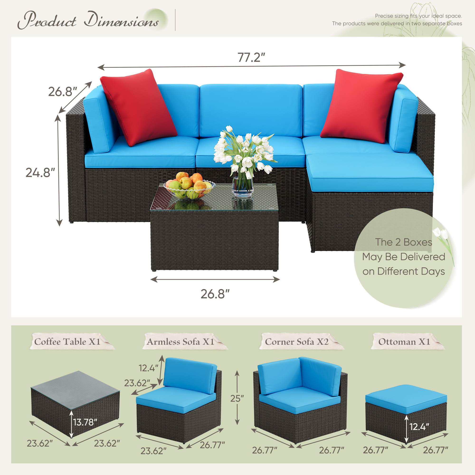Lacoo 5 PCS Patio Outdoor Furniture Wicker Sectional Sofa with Cushion, Blue