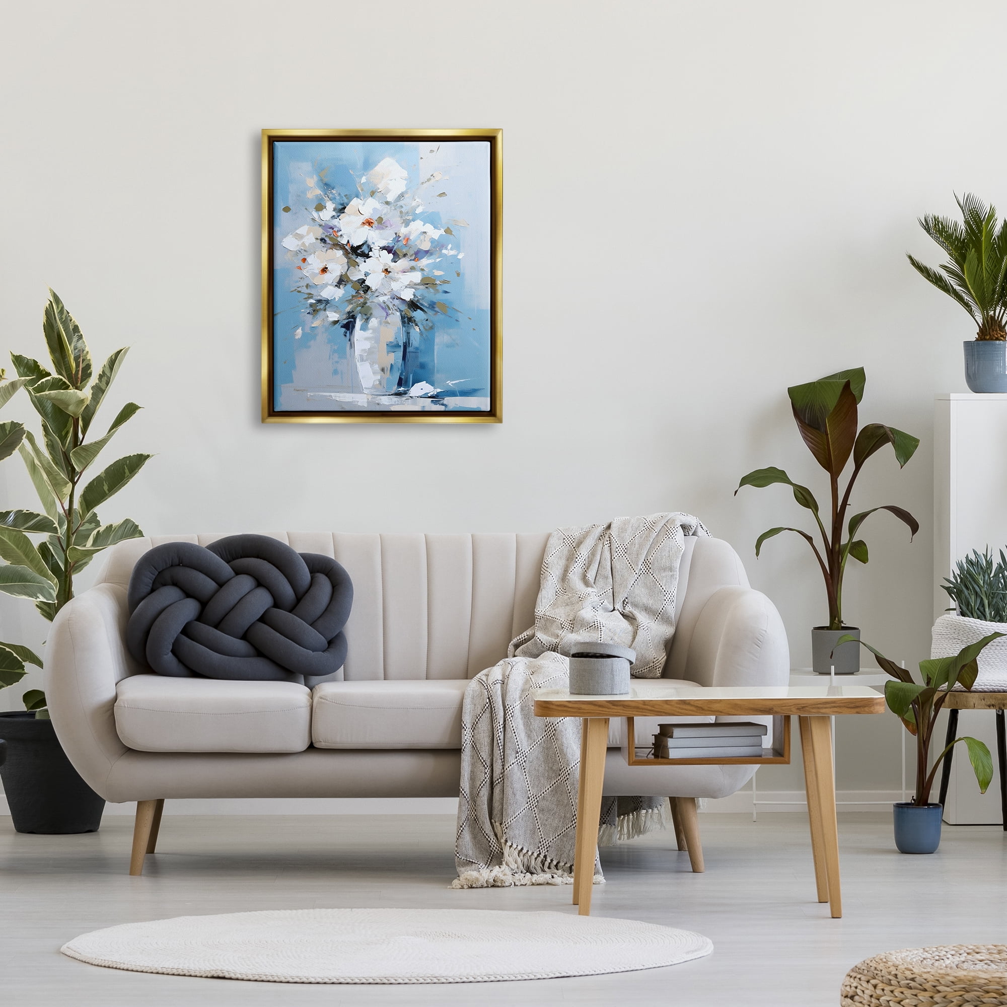 Stupell Industries White & Blue Bouquet Botanical & Floral Painting Gold Floater Framed Canvas Art Print Wall Art, 25 x 31