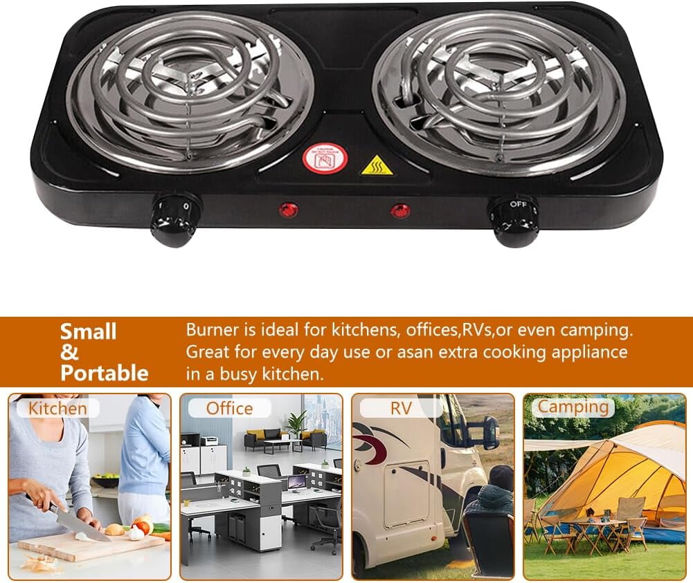 2000W Portable Electric Double Burner, Electric Hot Plate Kitchen Cooktop Cooking Stove Frying Pan and Easy to Clean for Home or Dorm, 5 Adjustable Temperatures, Black