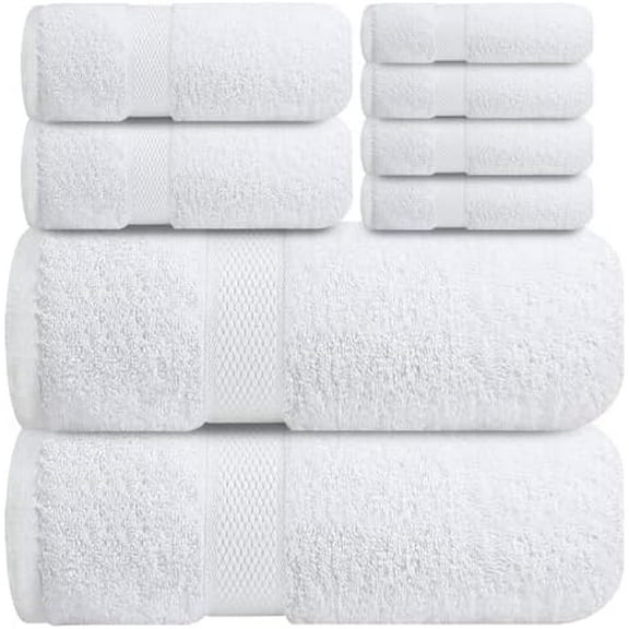 Luxury 100% Cotton Towel Set – 8 Piece Bathroom Towel Set (2 Bath Towels, 2 Hand Towels, 4 Washcloths) – Soft & Absorbent Towels for Bathroom (Brilliant White)