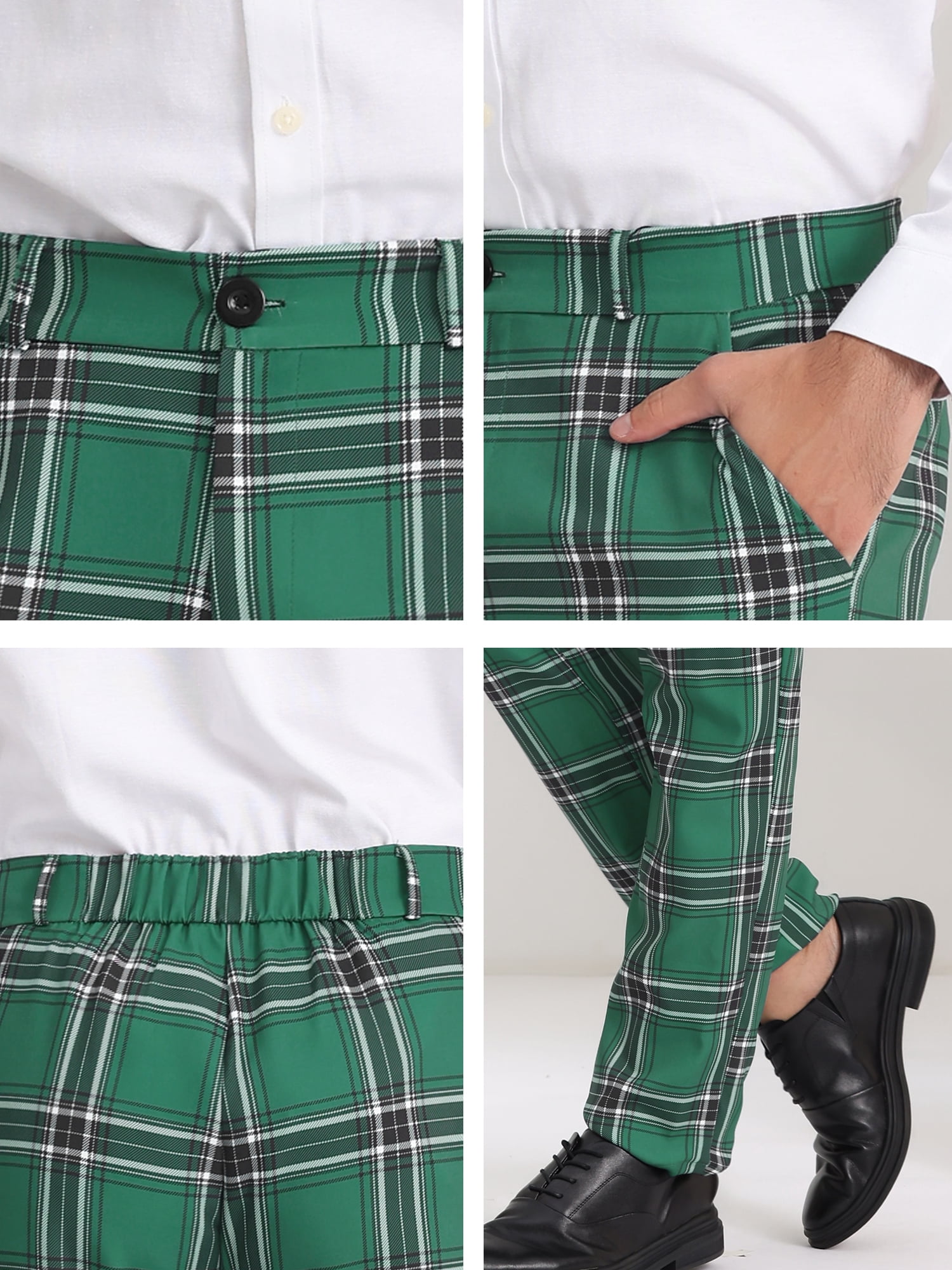 Unique Bargains Men's Flat Front Plaid Pants Formal Business Checked Trousers 38 Green Black