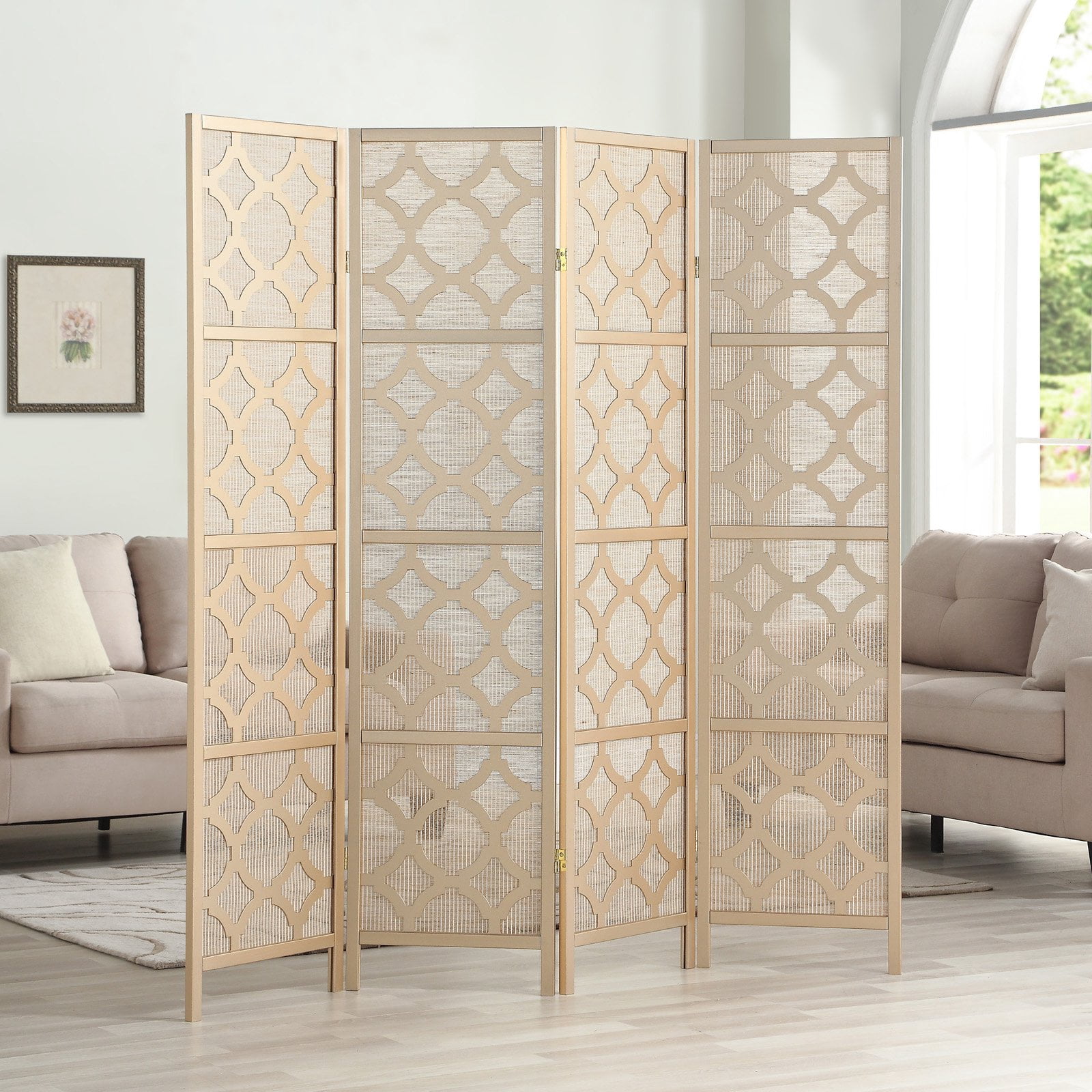 Roundhill Furniture Quarterfoil Infused Diamond Design 4 Panel Room Divider, 70" Tall, Gold
