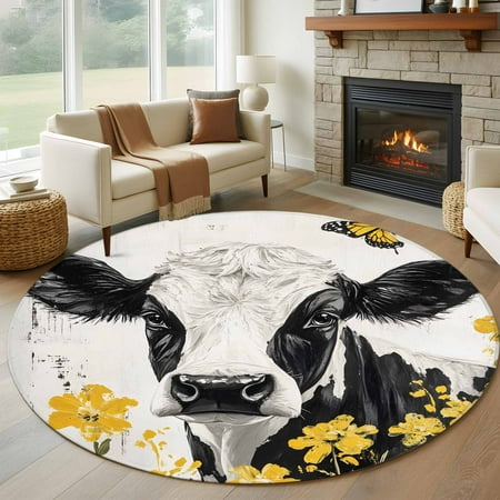 Farmhouse Cow Round Area Rug 6 FT Non Slip Bedroom Rugs Spring Pastoral Yellow Floral Vintage Washable Soft Circular Carpet Non-Shedding Floor Mat for Kitchen Dining Room Home Office Kids Room