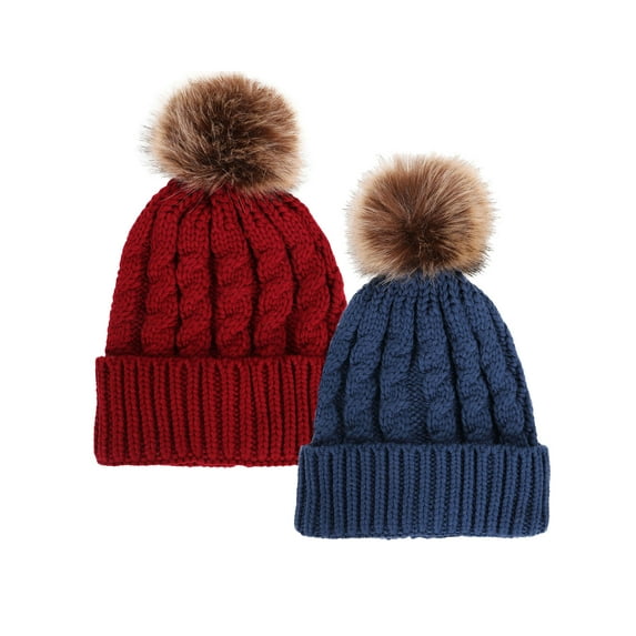 Unisex Hand Knit Faux Fur Pom Poms Beanie 2 Pieces Denim Blue/Burgundy