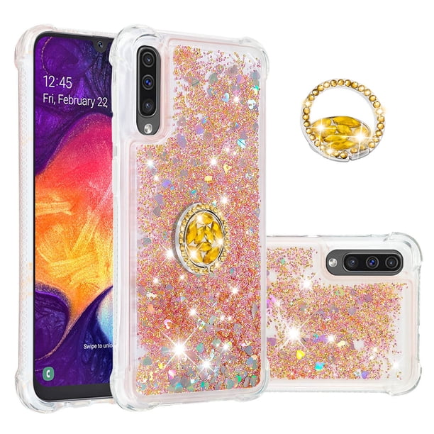 Funda para Samsung Galaxy A30/A50/A50S con Brillo Líquido Flotante, Purpurina, Parachoques y Anillo Giratorio Soporte