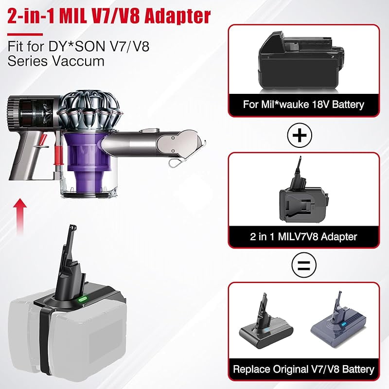 2-in-1 V7/V8 Double Battery Adapter,for Mil*wau*kee 18V M-18 Battery Work for Dy*son V7+V8 Series Vacuum Cleaner,Higher Power and Longer Working Time