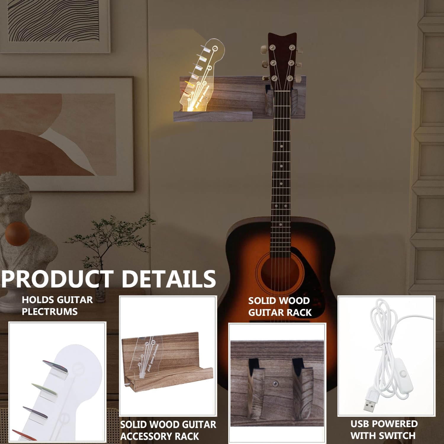 Guitar Wall Mount Hanger Bass Stand Light Up Wood Hanging with LED Acrylic Guitar Pick Holder Display Electric USB-Powered Guitar Accessories - Gift for musicians Men, Music Lovers Players Room Decor