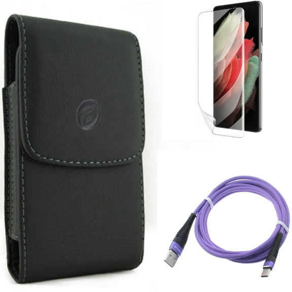 Case Belt Clip & 6ft USB Cable & Matte Screen Protector for Samsung Galaxy S22 Plus (S22 ) - Combo Leather Holster Cover & Purple Type-C Charger Cord & TPU Film Anti-Glare