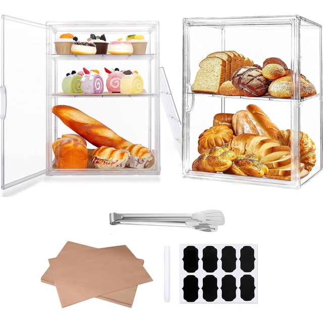 2pc Caja de Pan Transparente, Caja Acrilico Exhibicion para Panadería, Vitrina para Postres, Vitrina para Pan, Exhibidor de Pan Acrilico, 100 Hojas de Papel de Horno y Etiquetas