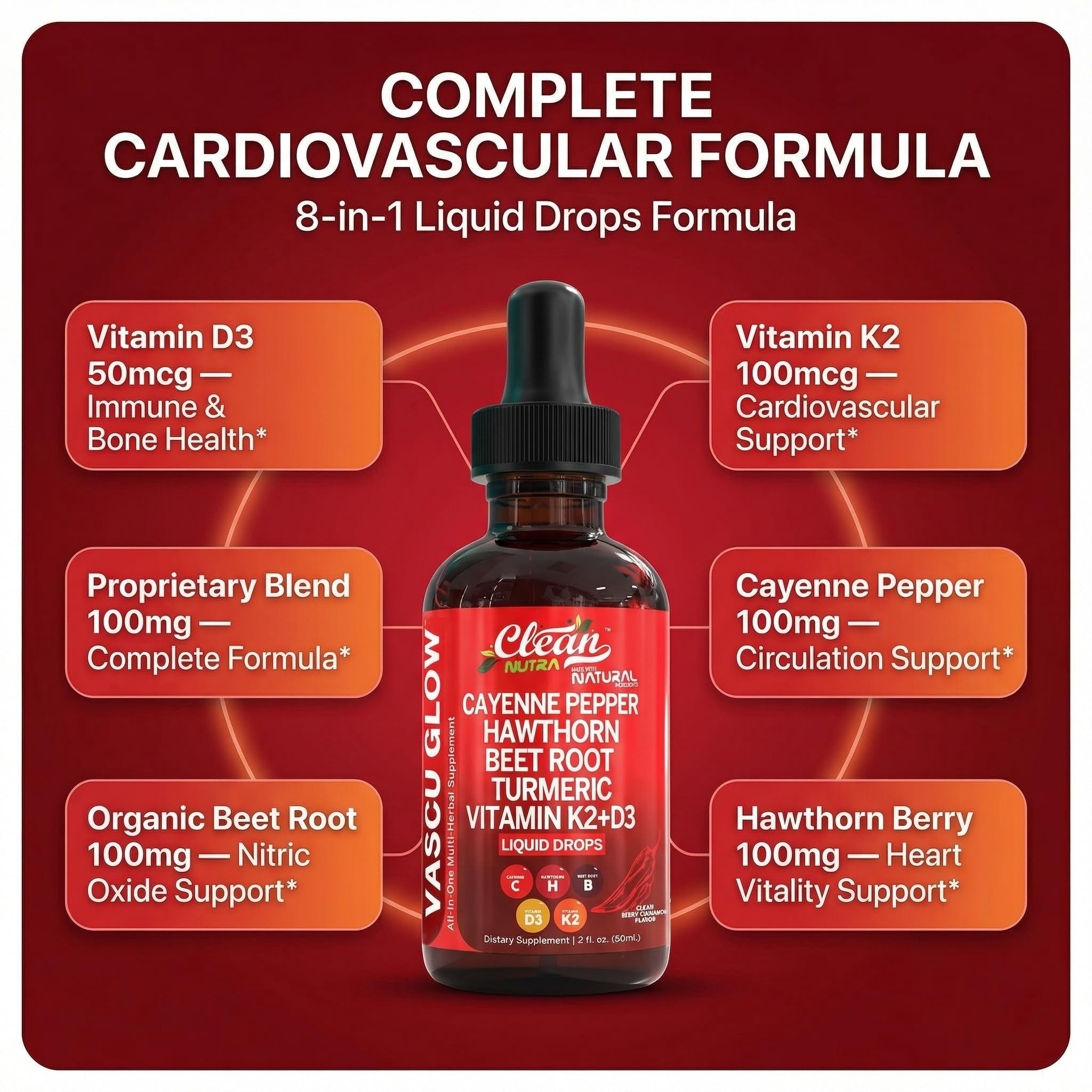 Clean Nutra Cayenne Pepper Drops Supplement Liquid + Hawthorn Berry, Vitamin D3 K2 Beet Root Powder, Ceylon Cinnamon, Turmeric Curcumin, Organic Panax Ginseng, Berberine Extract 1  3 Pack