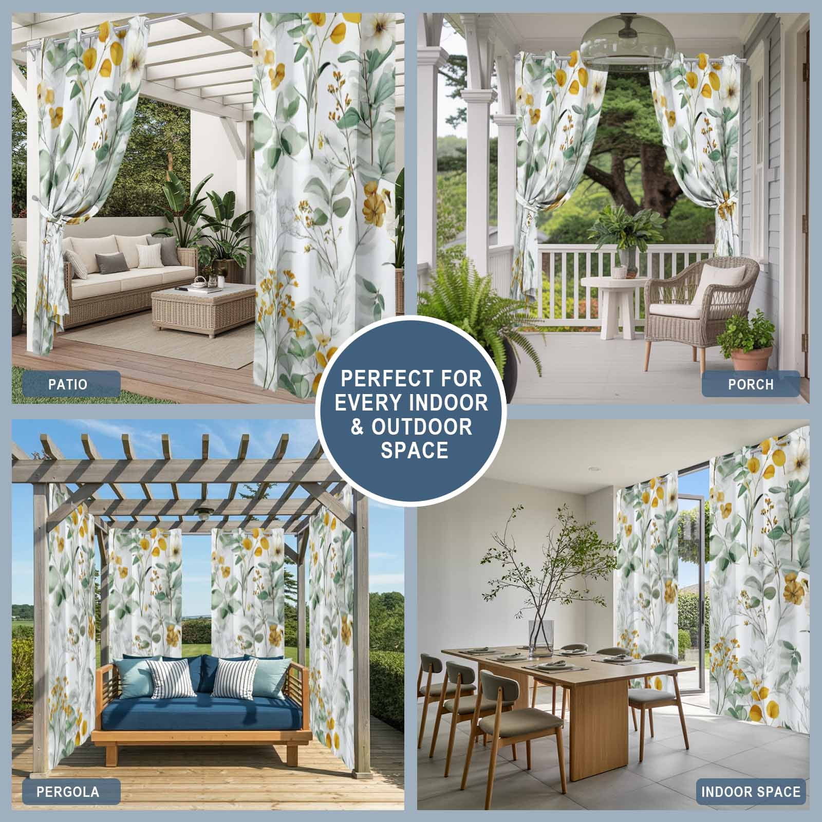 Outdoor Curtains for Patio Waterproof, Spring Flowers Windproof Pravicy Outside Porch Blackout Curtain, Country Green Eucalyptus Leaves Rustic Plants Sun Blocking Grommets Curtains54"x108"