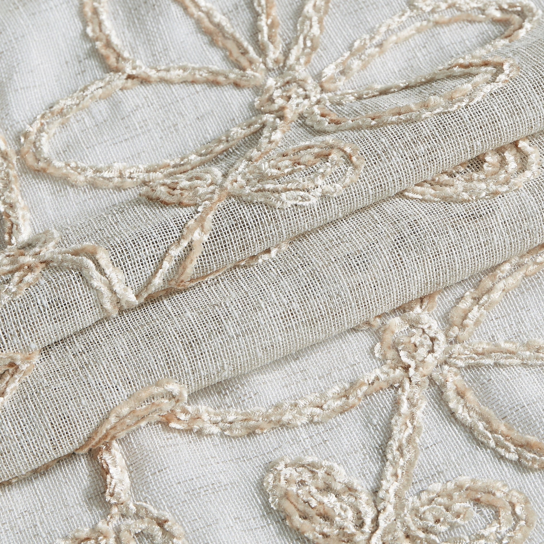 Dainty Home Rita 3D Floral Chenille Embroidered Solid Sheer Linen Look 70 x 72 Shower Curtain In Linen