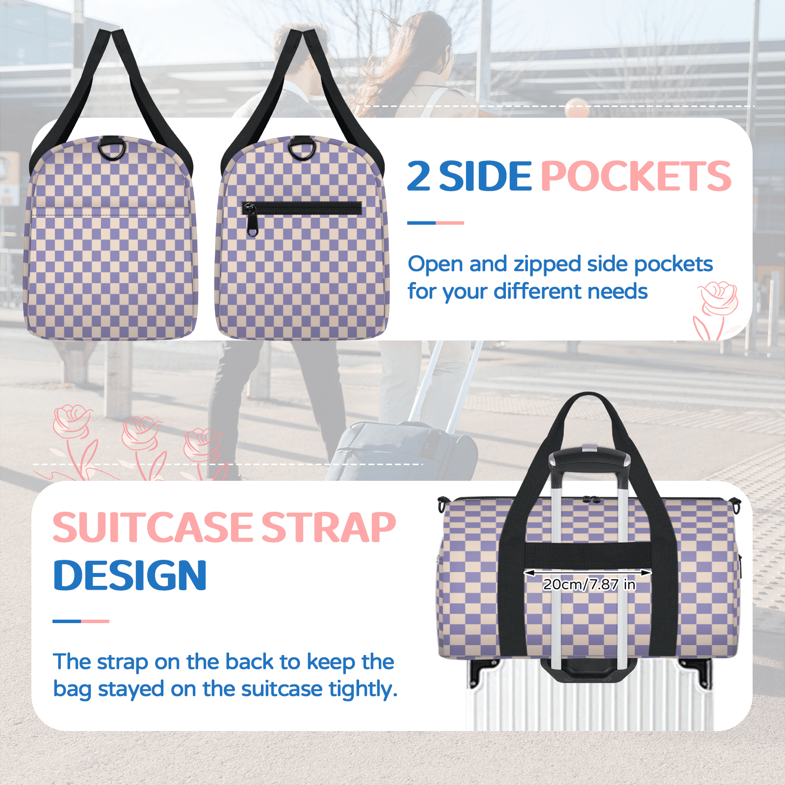Herdesigns Checkerboard Purple Travel Duffle Bag Sports Yoga Weekender Overnight Carry on Workout Bags Lightweight Waterproof Gym Tote Bag for Women