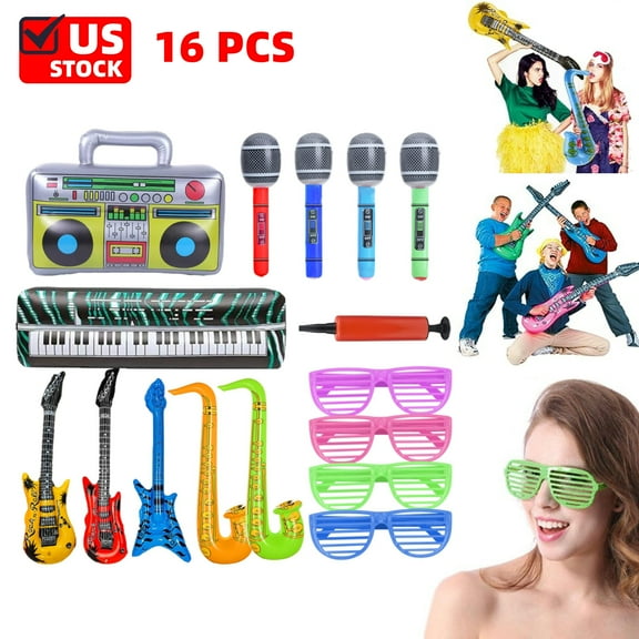 Inflatable Rock Star Set, 16 Pack Inflatable Party Props - Inflatable Guitar, Microphones, Shutter Shading Glasses, Saxophone and Inflatable Keyboard Piano Inflatable Rock