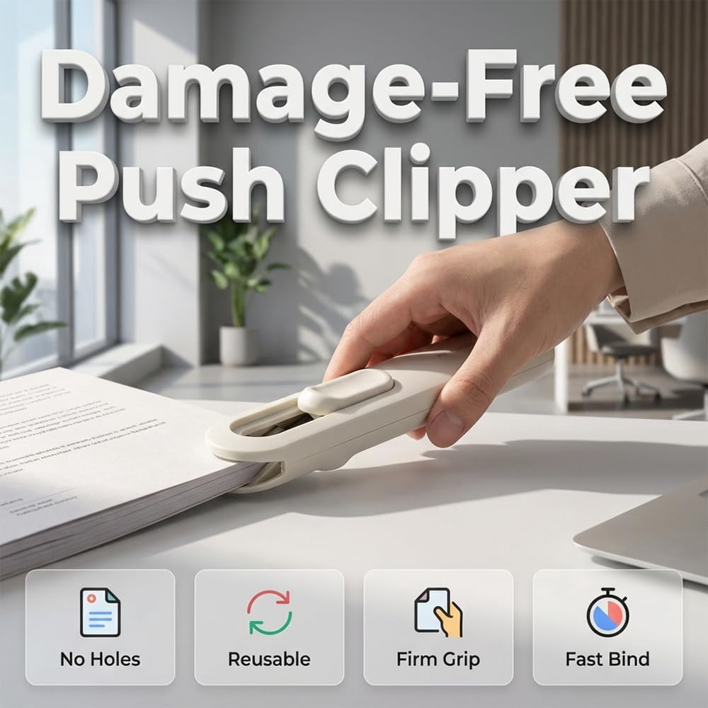 Push Clip Binder Stapler with 108 Reusable Clips, Portable Handheld Paper Clamp, Document Fastener for Office(Green)