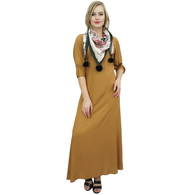 Bimba Robe Maxi Bohème Brun Pâle pour Femme avec Foulard à Franges Tenue Décontractée-16