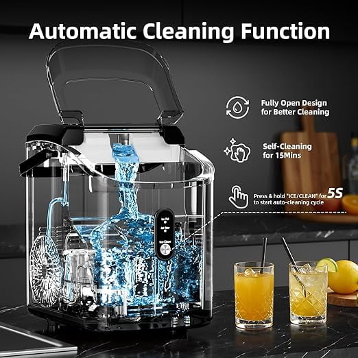 LHRIVER Nugget Ice Maker Countertop, 34lbs/24H with Self-Cleaning Function, Portable Sonic Ice Machine for Home/Office Stainless Steel Black