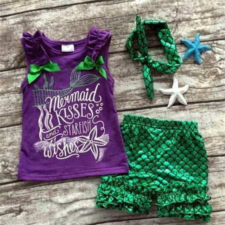 Infant Toddler Baby Kids Girl Outfits 3PCS Little Mermaid Vest Tops+Shorts+Headband Costumes Clothes