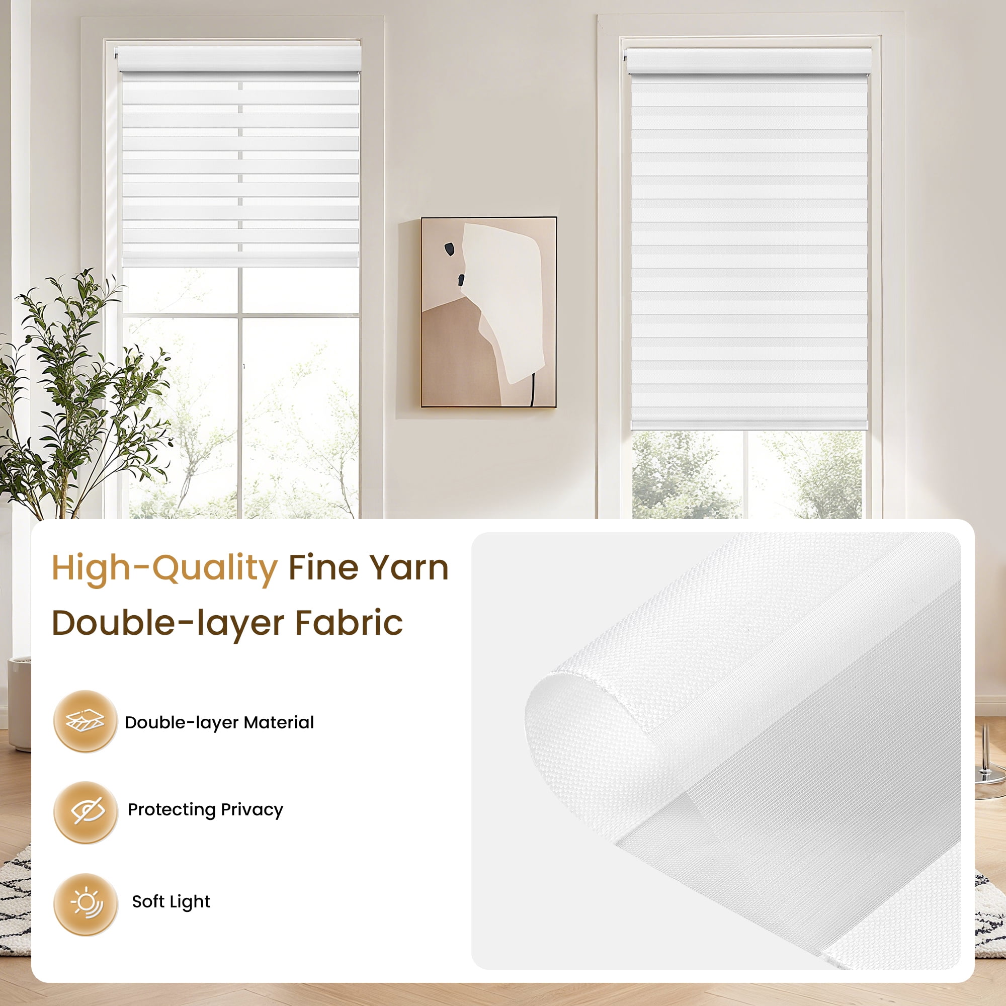 Grandekor No Drill Zebra Blinds for Windows,Cordless Zebra Shades Dual Layer, Pull Down Roller Shades Free-Stop,35"W x 64"H,White,Easy to Install for Home, Office, Bedroom