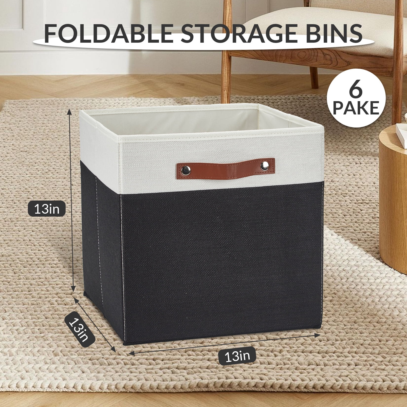 DSstyles Adult Stackable 6-Compartment Closet Organizer Box Set with Leather Handles, White & Black, 6 Count, 6 Pack