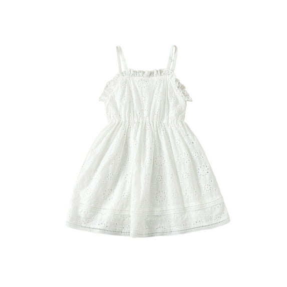 Qmyliery Kids Fashion Casual Dress, Solid Color Lace Floral Sleeveless Spaghetti Strap One-Piece for Girls, White, 2-7 Years