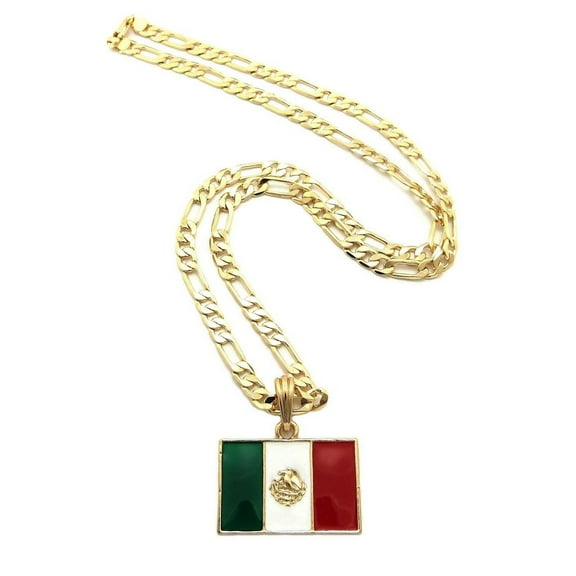 MEXICO FLAG GOLD PENDANT & 5mm 24" 14K STAMPED FIGARO CHAIN HIP HOP GOLD PLATED NECKLACE