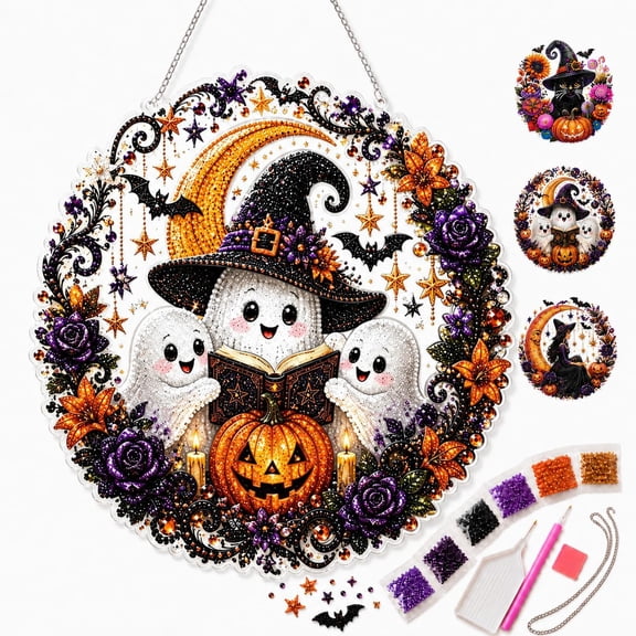 2026 Halloween Witch Friendship Diamond Art Window Suncatcher - Halloween Pearl Art Kit, Double-Sided Acrylic Sun Catcher, Diamond Art Hanging Kits for Adults Beginners