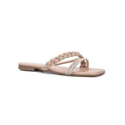 NEW YORK & CO Womens Beige Padded Braided Rhinestone Alessia Square Toe Block Heel Slip On Slide Sandals Shoes 8.5