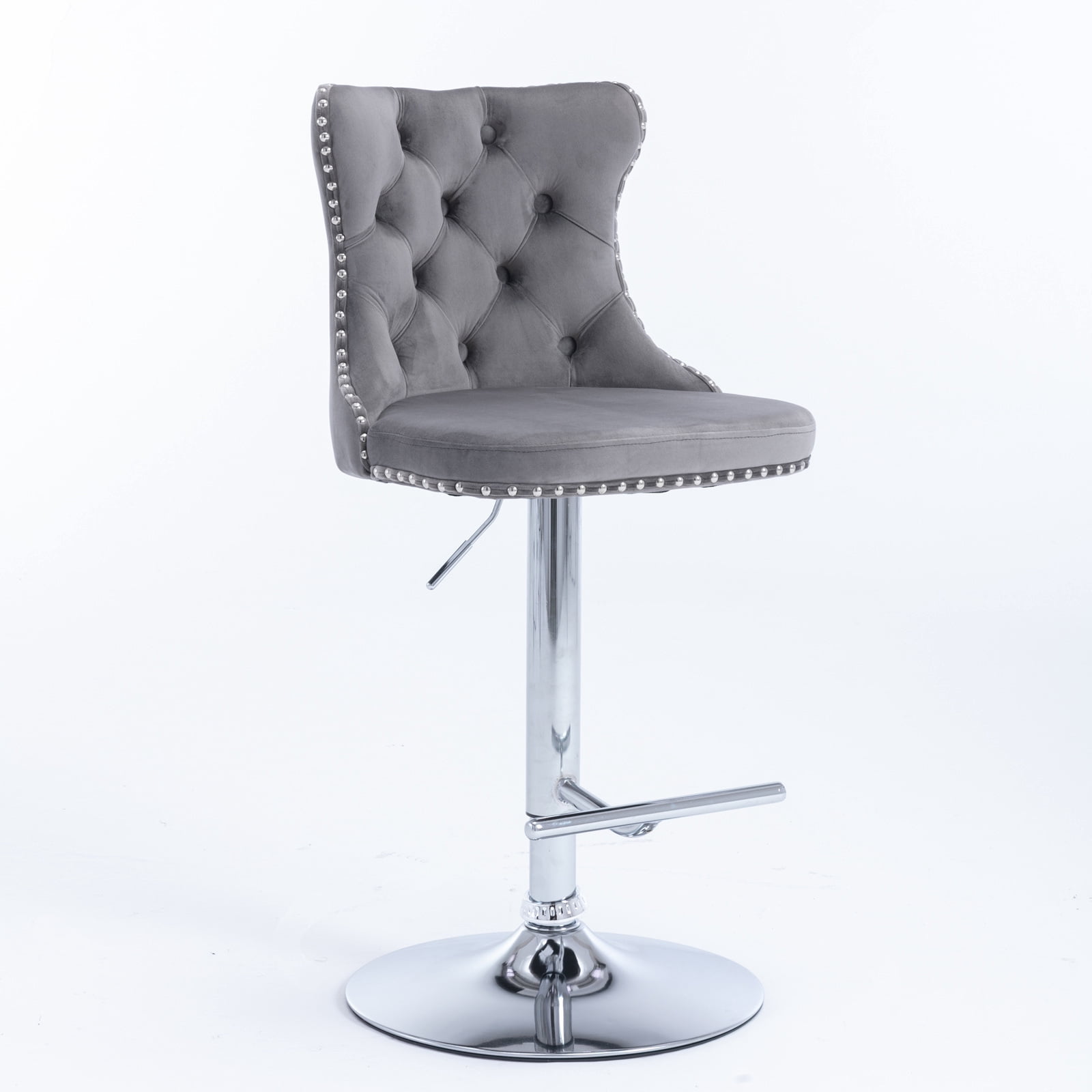 Swivel Bar Chairs Height Adjustable Upholstered Velvet Bar Stools Chrome base with Tufted Back for Home Pub and Kitchen Island Dining Room(Gray,Set of 6)