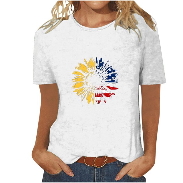 Tops Cortos para Mujeres Día de la Independencia Patriótica Impreso Cuello Redondo, Camiseta de Manga Corta Casual para la Primavera, Verano Y Fiesta