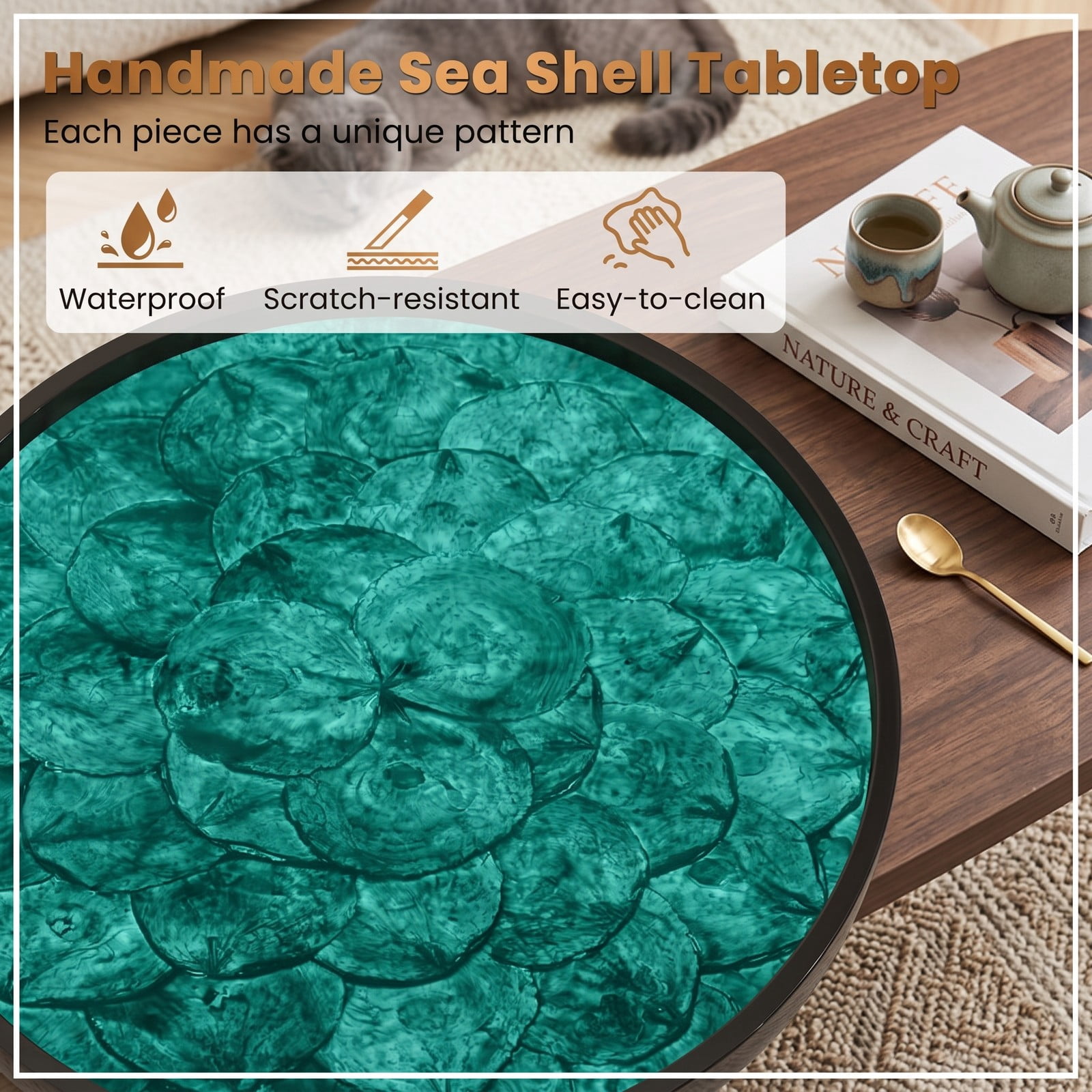Furnibear 20 Inch Mid-Century Modern End Table, Handmade Sea Shell Side Table with Waterproof Epoxy Resin Tray Top and Solid Mahogany Legs for Living Room, Green