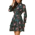 thumbnail image 4 of Vestido mini de manga larga floral para mujer INSPIRE CHIC con cuello fruncido y borde de volantes, vestido casual de gasa en verde oscuro L, 4 of 6