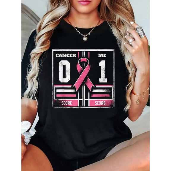 Cancer 0 Me 1 Breast Cancer Awareness Survivor T-Shirt casual short sleeve crew neck cotton tee tops for women