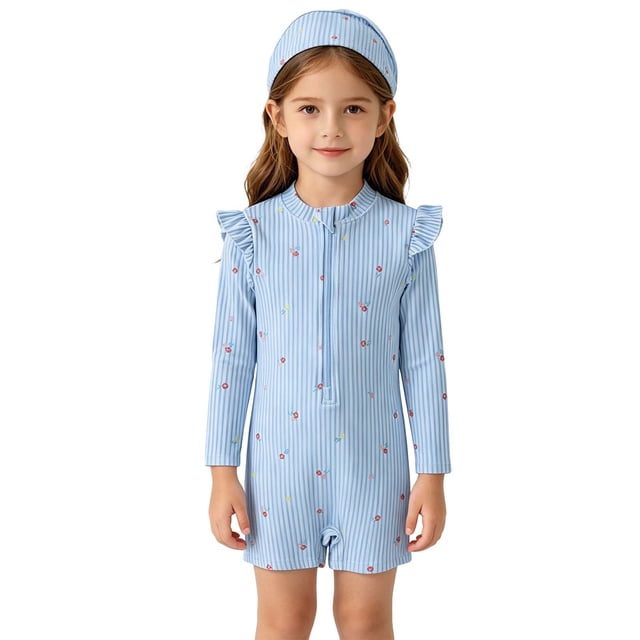 Girl Rash Guard Swimwear Long Sleeve Sun Protection Flower Graphic Printed Bathing Suit 7-8 Years
