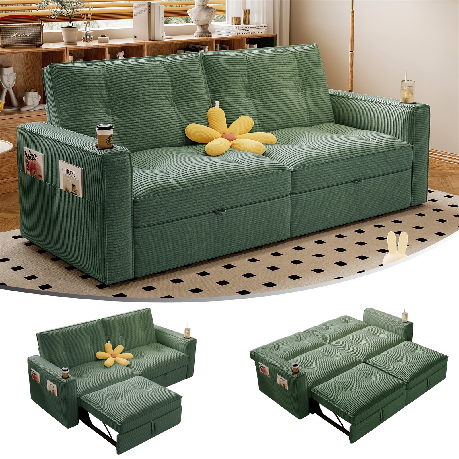 Hommoo 70" Convertible 2-in-1 Pull Out Couch Bed, Multi-Functional Corduroy Loveseat Sleeper Sofa Bed, Green