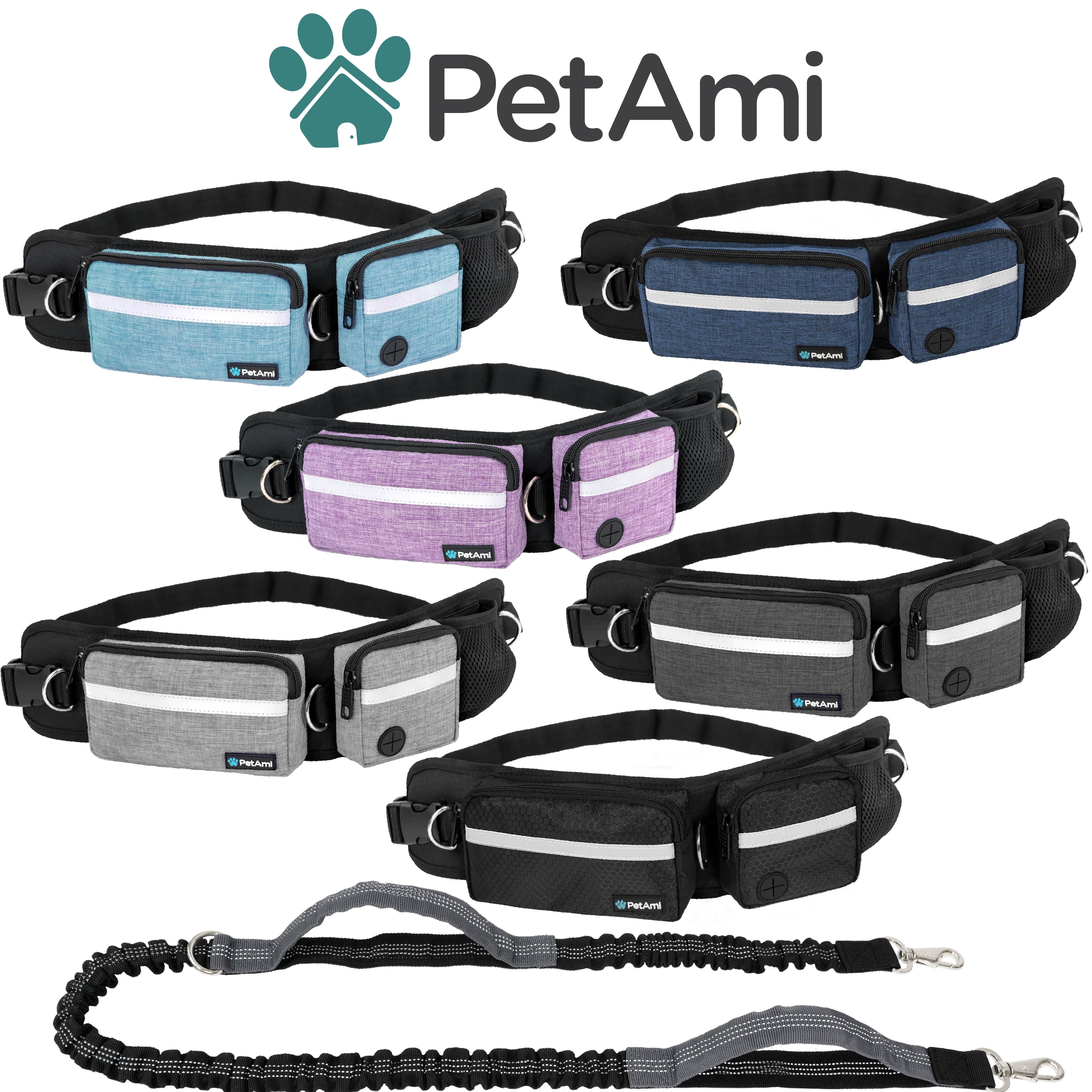 PetAmi Hands Free Dog Leash, Dog Running Leash Belt Bag for Walking, Jogging, Dog Waist Double Zipper Pouch with Poop Bag Dispenser, Dual Padded Handles Reflective Bungee Leash, Single