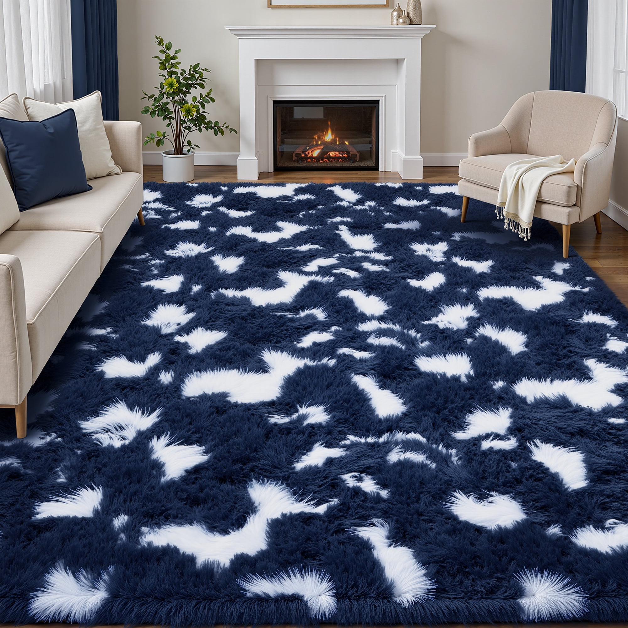 Lalado 8ft x 10ft Shag Area Rug, Soft Fluffy Indoor Tie-Dye Area Rugs for Living Room Bedroom Decor Carpet, Blue & White