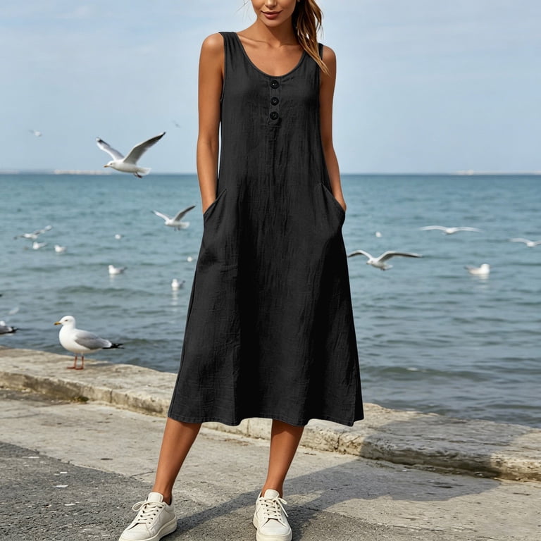 black midi beach dress Women's Summer Solid Boho Dress Crew Neck Sleeveless Sundress with Pockets XL upscale linen dress designed
