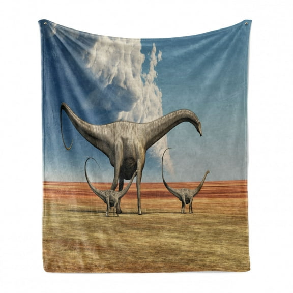 Jurassic Soft Flannel Fleece Throw Blanket, Mother Diplodocus Dinosaur Walks Along with Her Brood of Youngsters Clouds, Cozy Plush for Indoor and Outdoor Use, 50" x 60", Khaki Blue Grey, by Ambesonne
