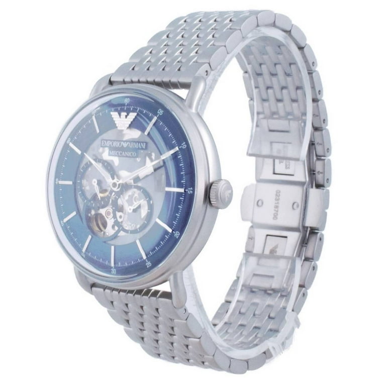 Emporio Armani Aviator Semi Skeleton Automatic Watch, Blue Dial